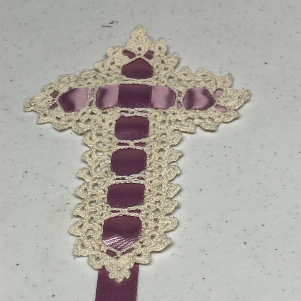 Handmade Crochet Cross Bookmark Purple Cream Christian Gift